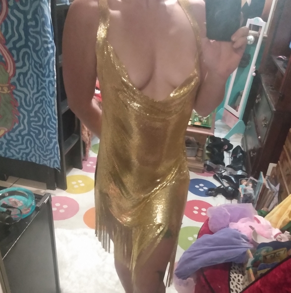 Metallic Gold Chain Link Sexy Low Cut Dress - Picture 3 of 10